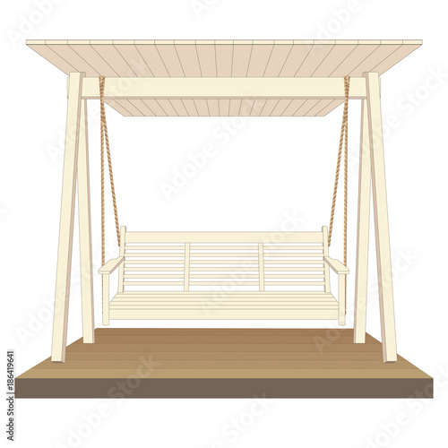 Garden wooden swing with platform and canopy. Outdoor relax furniture, vector illustration on white background.