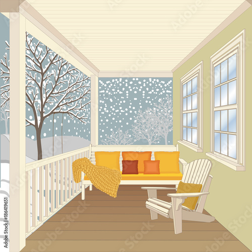 House porch with furniture - wooden bench and chair. Cozy winter interior with pillows, mattress and knit plaid. Winter snowcovered landscape with bare trees and snowflakes. Vector illustration