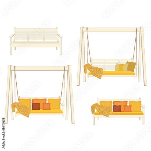 Outdoor wooden swing and bench. Garden relax furniture, vector illustration on white background.