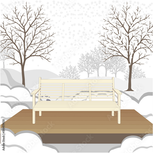 Two wooden garden bench on platform  winter snow covered landscape with bare trees and snow banks