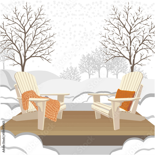 Two wooden garden chairs on platform, winter snow covered landscape with bare trees and snow banks