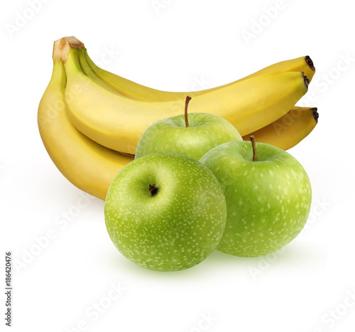 Green apples and bunch of bananas on white background.