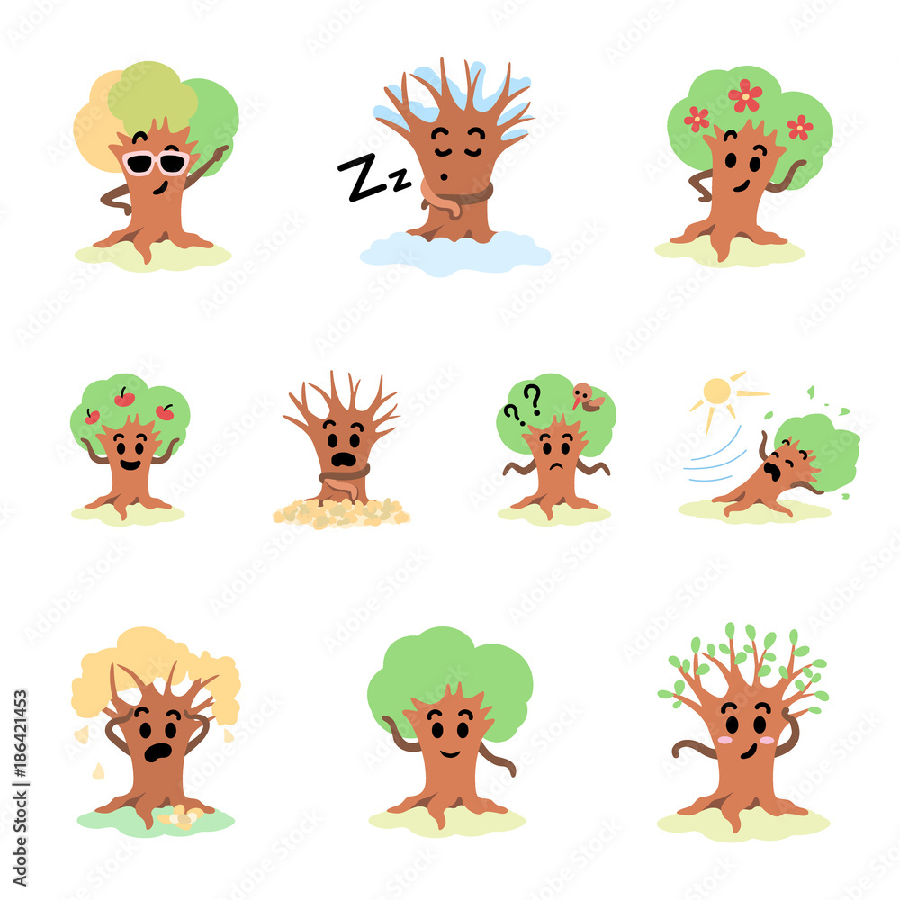 Funny tree character through all seasons Funny tree character through all seasons