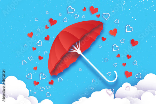 Happy Valentines day. Red umbrella. Air with Love raining. Origami Heart Rain drop. Parasol. Happy Monsoon season. Heart in paper cut style on blue background. Cloud. Romantic Holidays.14 February.