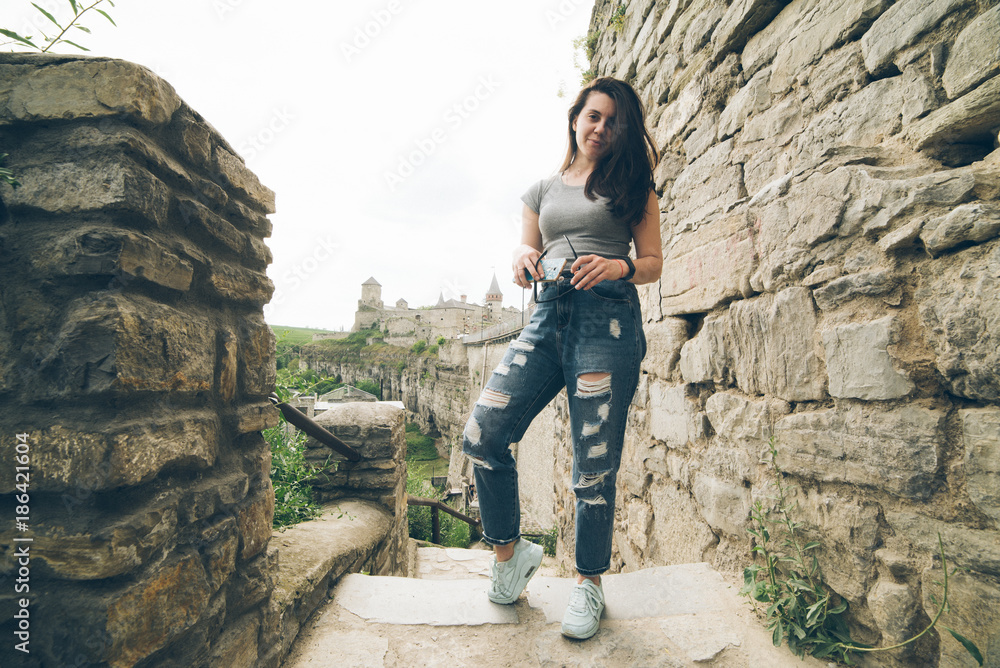 yang pretty woman tourist in front of castle yang pretty woman tourist in front of castle