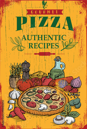 Hand drawn pizza and ingredients on a wooden board, vector illustration