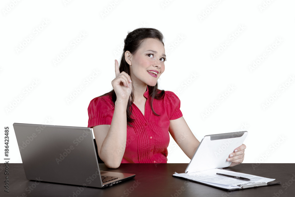 Female entrepreneur thinking something on studio Female entrepreneur thinking something on studio