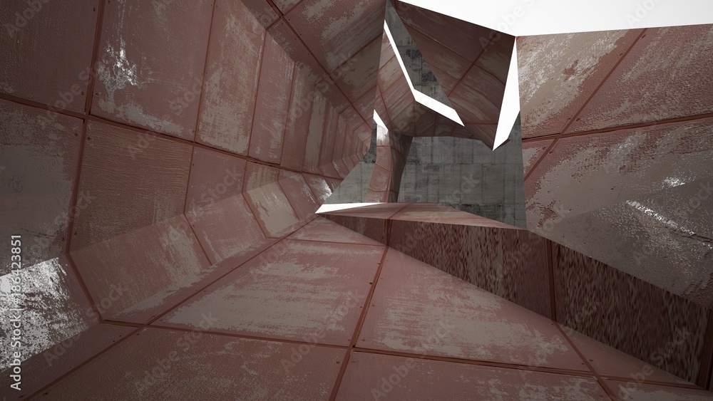 Empty abstract room interior of sheets rusted metal and concrete. Architectural background. Night view of the illuminated. 3D illustration and rendering Empty abstract room interior of sheets rusted metal and concrete. Architectural background. Night view of the illuminated. 3D illustration and rendering