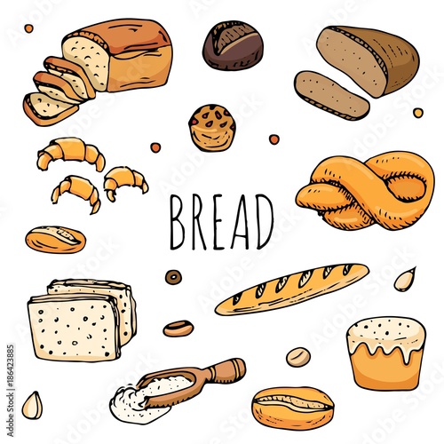 Hand drawn doodles of cartoon food: rye bread, ciabatta, whole grain bread, bagel, sliced bread, french baguette, croissant, sandwich, cake. Bread set. Vector illustration. Sketch elements collection.