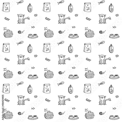 Seamless background Hand drawn doodle Pets stuff and supply icons set. Vector illustration. Vet symbol collection. Cartoon cats care elements: kitty, food, paw, bowl, carrier Pattern for pet shop