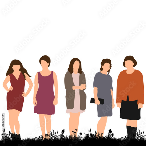  isolated girls, women stand in a row