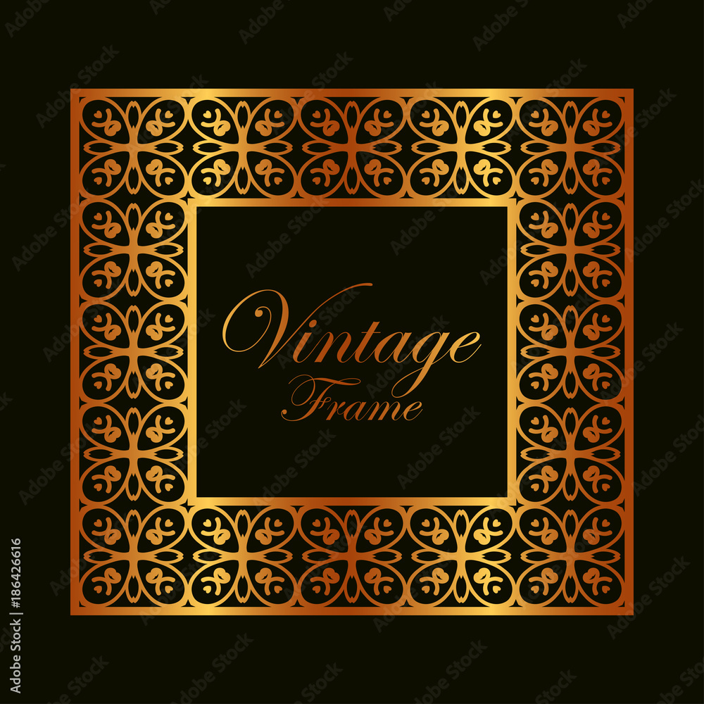 Retro ornamental golden frame. Flourished ornate border. Luxury elegant ornament. Vintage element. Template for design. Vector illustration