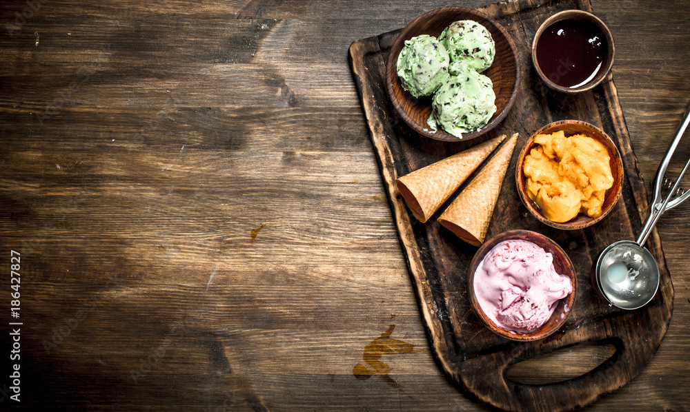 Fresh fruit ice cream with waffle cups. Fresh fruit ice cream with waffle cups.