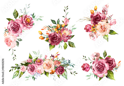 Set Watercolor flowers. Hand painted floral illustration. Bouquet of flowers ...
