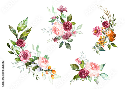 Set Watercolor flowers. Hand painted floral illustration. Bouquet of flowers pink rose. Design arrangements for textile, greeting card. Abstraction  branch of flowers isolated on white background.