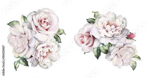 watercolor flowers. floral illustration  Leaf and buds. Botanic composition for wedding or  greeting card.  branch of flowers - roses  peonies  isolated on white background