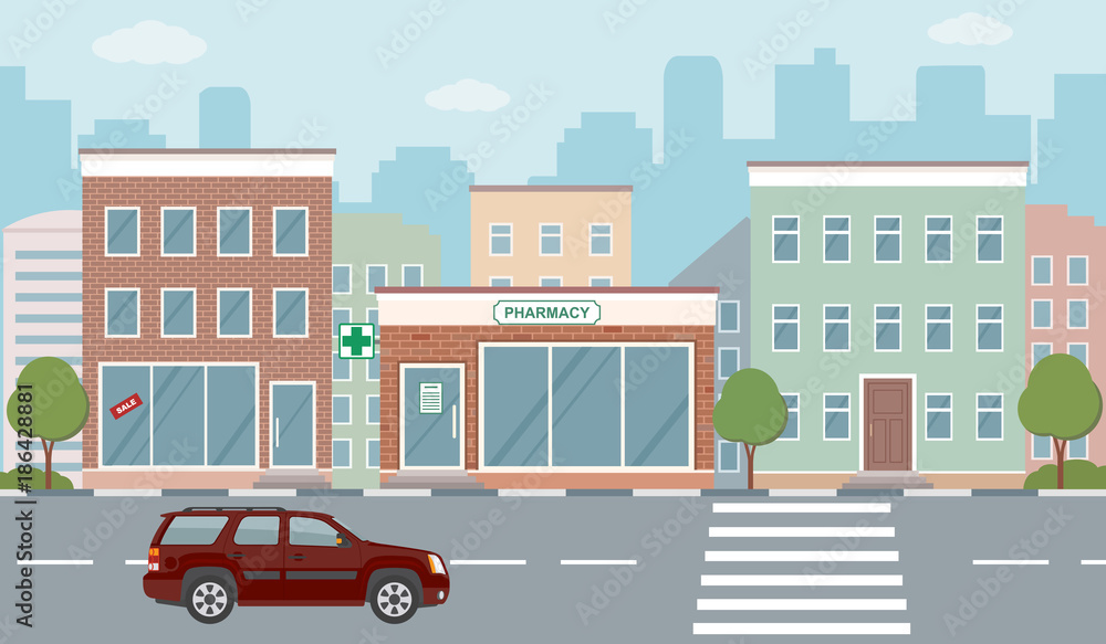 City life illustration with house facades, road and other urban details. Flat style, vector.
City life illustration with house facades, road and other urban details. Flat style, vector.