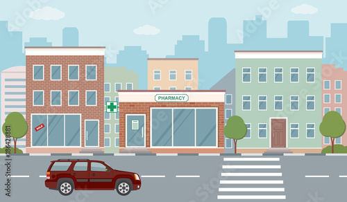 City life illustration with house facades, road and other urban details. Flat style, vector.
