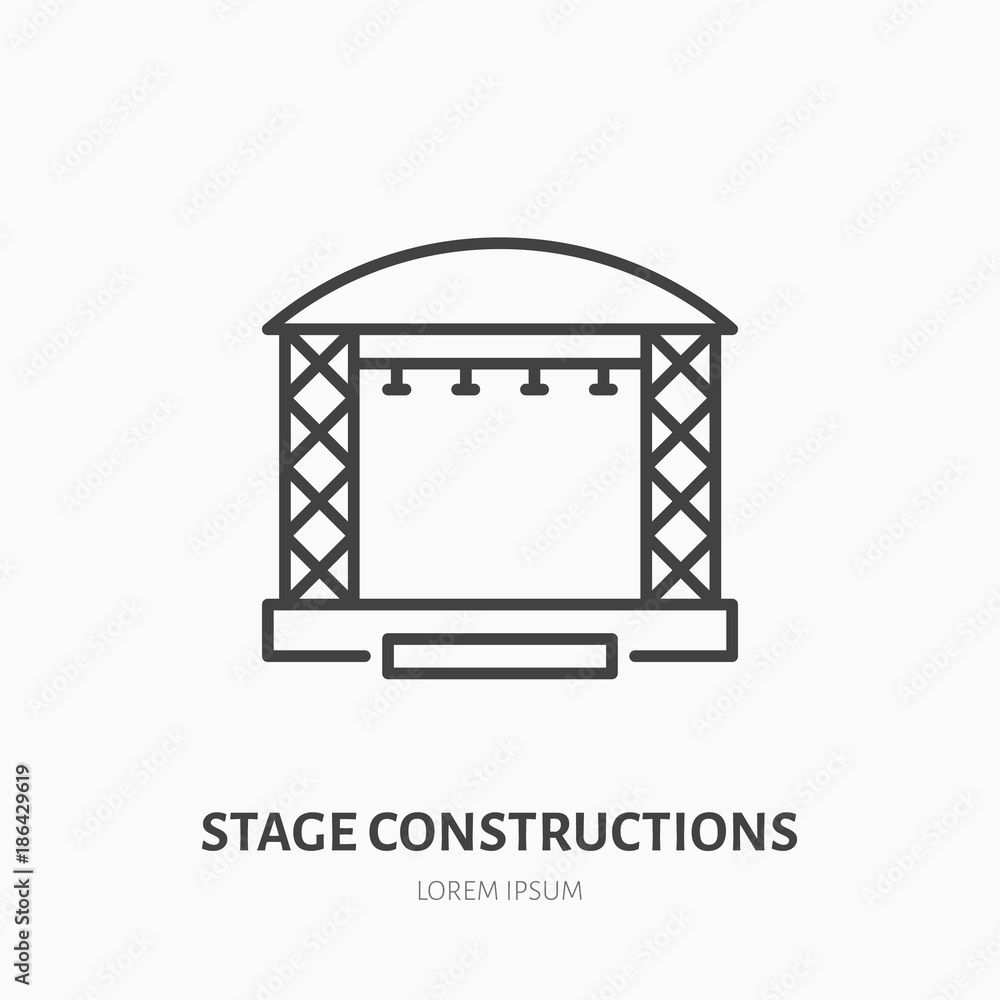 Stage constructions flat line icon. Scene, event equipment rental sign. Thin linear logo for concert, music festival.