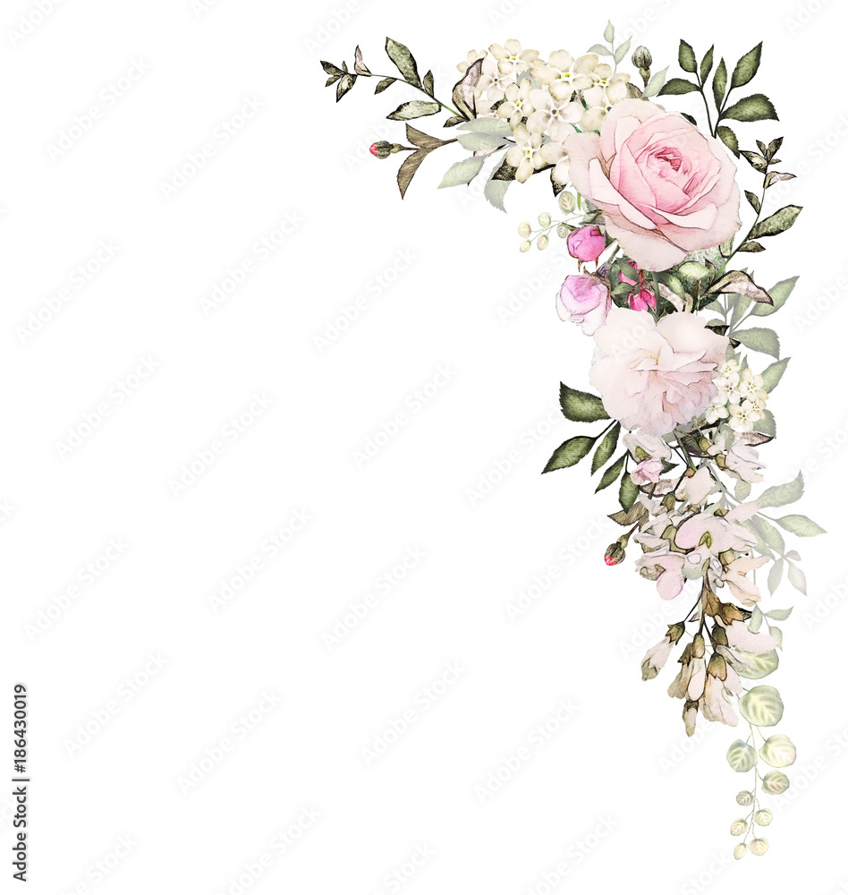 Vintage Card, Watercolor wedding invitation design with pink rose, bud and  leaves. wild flower, background with floral elements for text, watercolor  background. Template. frame Stock Illustration | Adobe Stock
