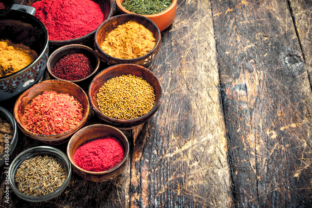 Various ground spices and herbs. Various ground spices and herbs.