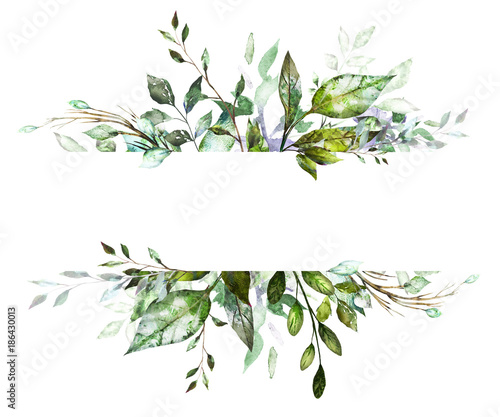Karta botaniczna, akwarela zaproszenie wzór z ziół i liści. Ręcznie malowane kwiatowy tło. Szablon. zielona ramka. rysunek natury