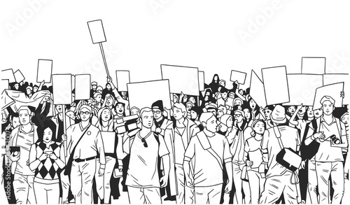 Black and white illustration of large crowd protest with blank signs