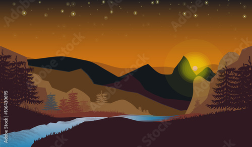 mountain landscape and river before the sunset