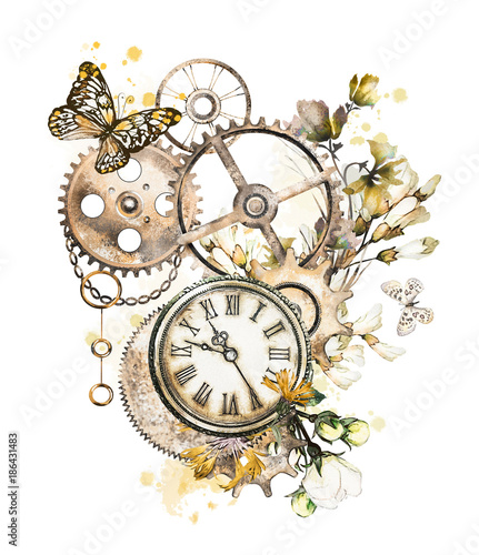 steam punk watercolor Illustration with wildflowers, keys, clockwork, jewelry, clock, butterfly, Flowers. tattoo style. Illustration isolated on white background. Vintage print.