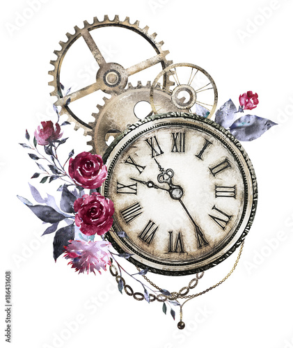steam punk watercolor Illustration with red roses, wildflowers, clockwork,  jewelry, clock, Flowers. tattoo style. Illustration isolated on white background. Vintage print.