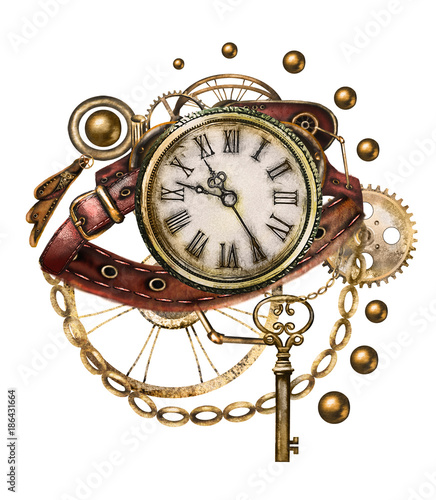 steam punk watercolor Illustration with clockwork, belts, jewelry, clock, key. tattoo style. Illustration isolated on white background. Vintage fantasy print. antique
