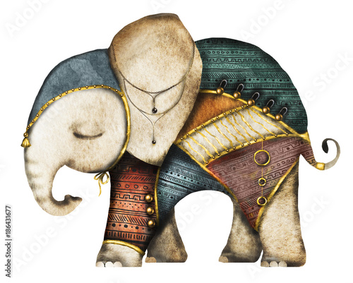 watercolor illustration - indian elephant. Animal, ethnic. tribal ornament. Can be used for textile, case, prints. Isolated on white background