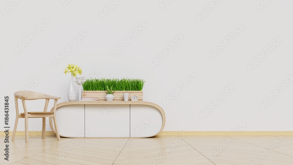 Modern interior of living room with wooden cabinet and armchair on white wall background,minimal designs, 3d rendering.