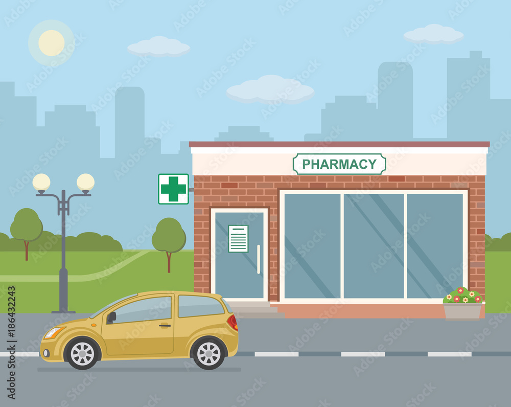 Facade pharmacy store and yellow car on city background. Flat style, vector illustration.
Facade pharmacy store and yellow car on city background. Flat style, vector illustration.