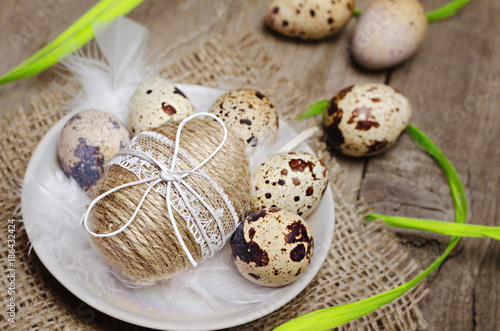 Tapety artystyczne Easter decoration. Decorated Easter eggs and white feather on background