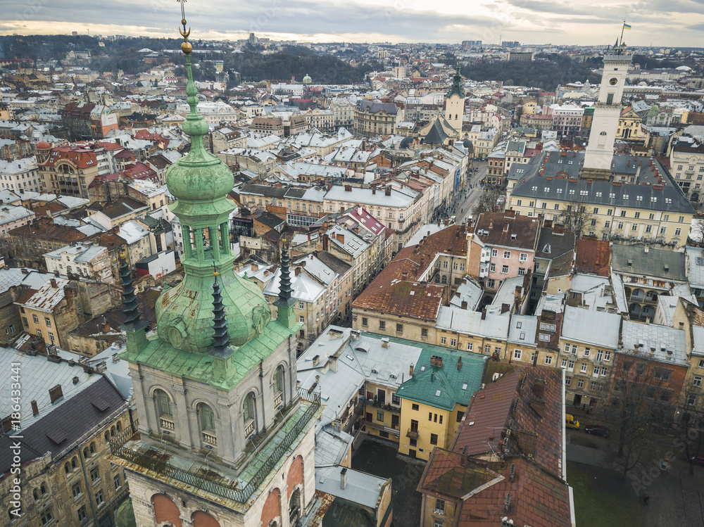 Fototapeta premium Aerial view of the historical center of Lviv. Shooting with drone