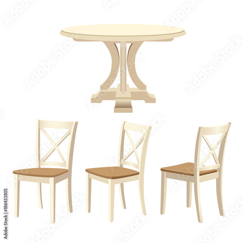 Classic dinning table and chairs set, ivory color. Vector illustration isolated on white background.