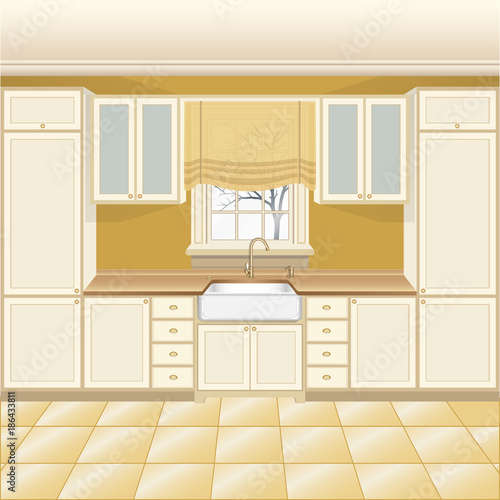 Kitchen interior with wash sink and brass water tap. Window with frame and sill on the wall. Painted wood panel doors. Traditional interior vector illustration