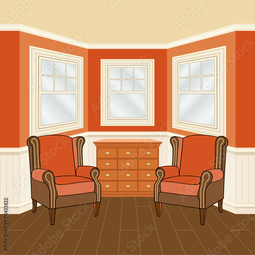 Room interior with classic chairs and commode bay window. Vector illustration.