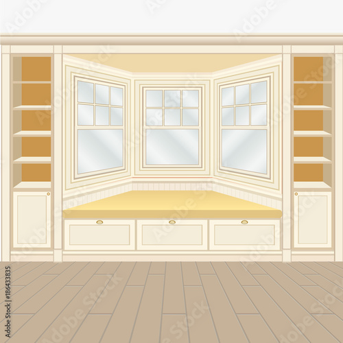 Classic room interior with windows, window seat and book cases. Vector illustration.