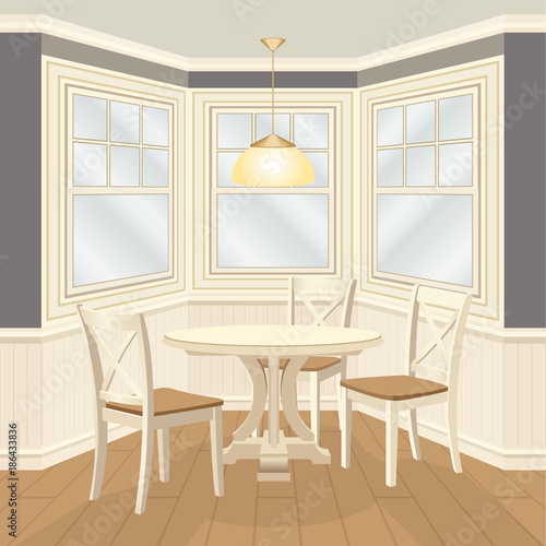 Bay window dinning group with round table and chairs.  Wooden furnishing and home decor - window frames and panels. Vector illustration 3d cartoon style