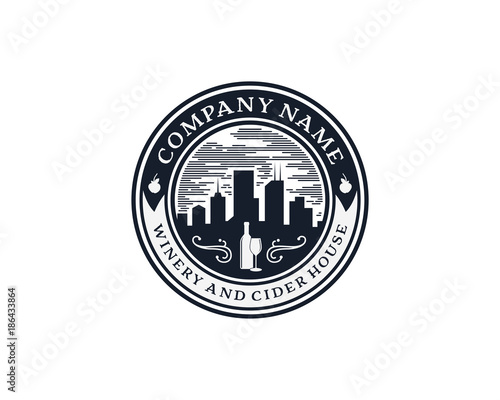 Real Estate Black Circle City - Skyscrapers with Sky and Bottle or Glass Beer or Barrel - Circle Apple Fresh Fruit Logo Stamp Vector Set