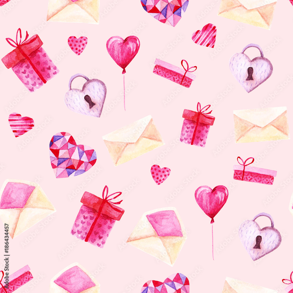 Watercolor St Valentines Day pattern. Romantic pink hearts, gift box, envelope. For card, design, print or background