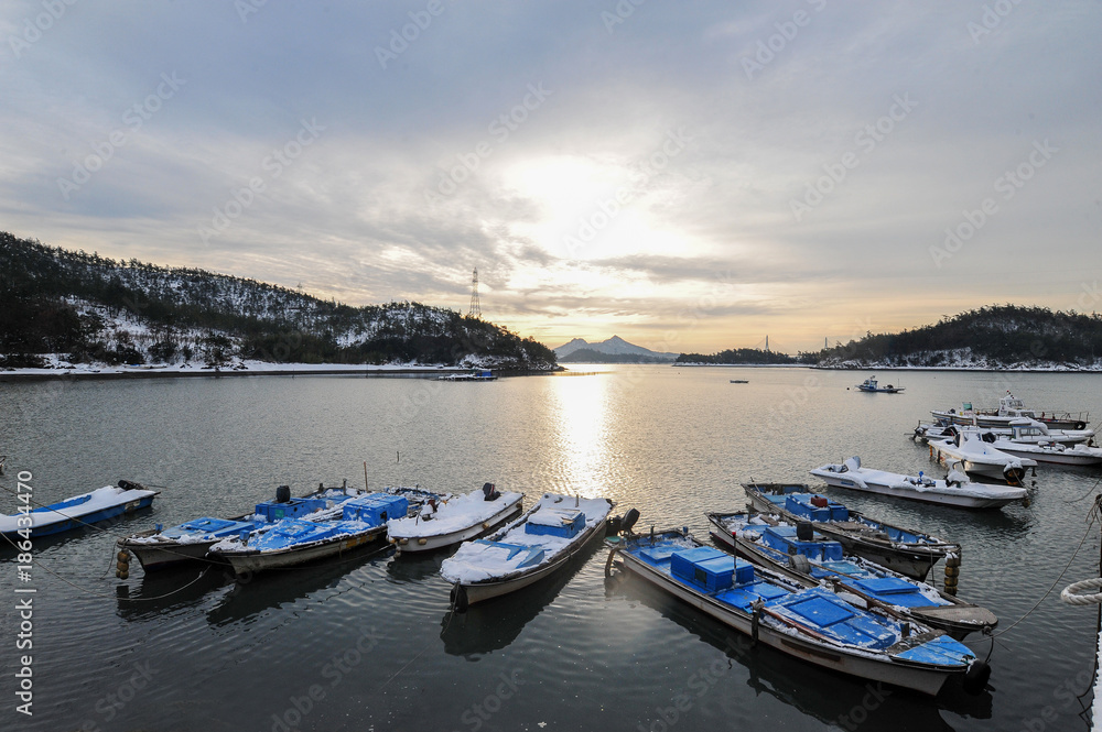 Winter Morning Landscape of Fishing Villages in Korea