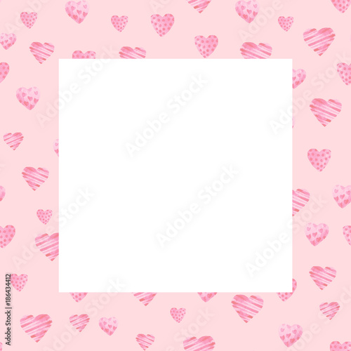 Watercolor St Valentines Day frame. Romantic pink hearts. For card, design, print or background © masanyanka