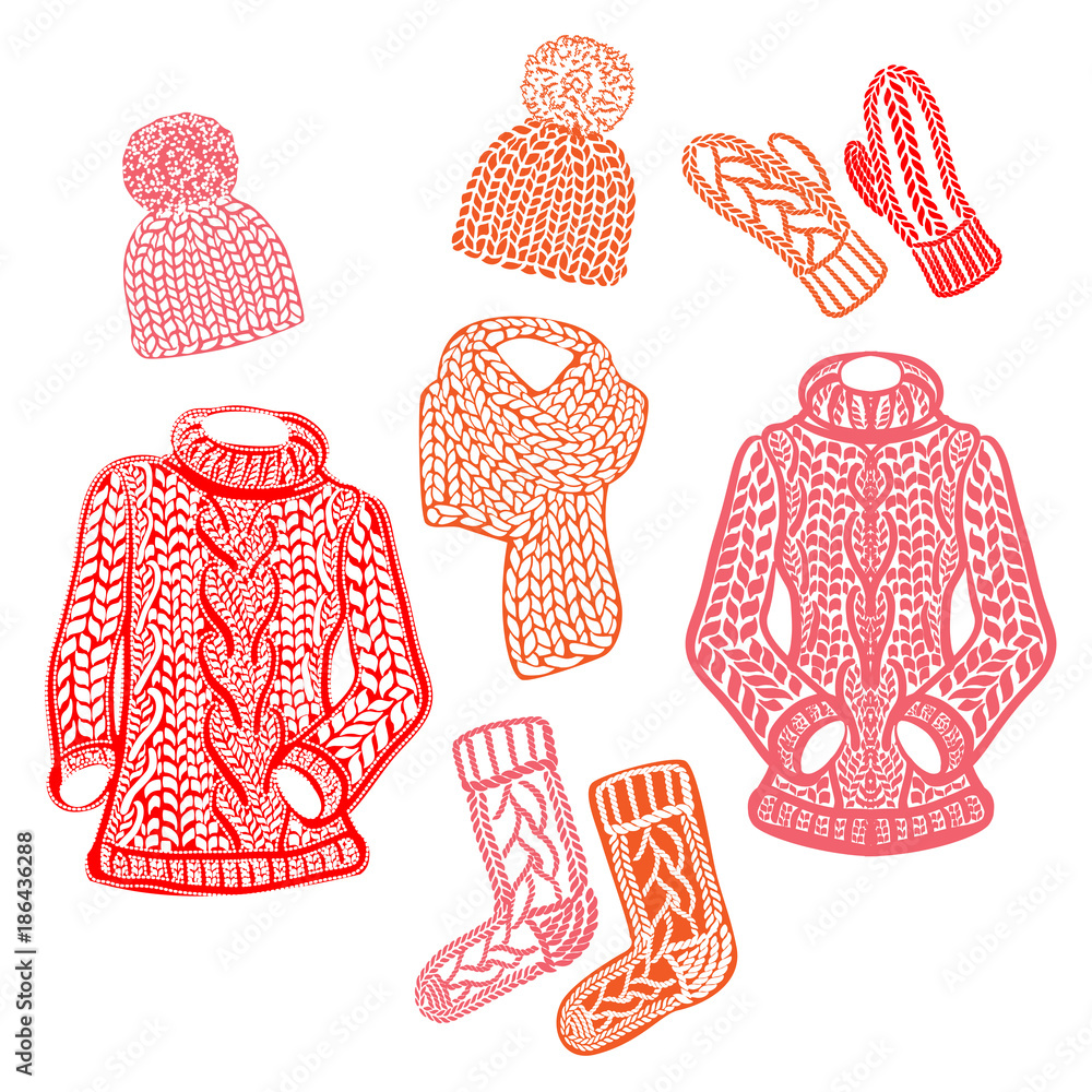 Set of hand drawn clothing accessories. Winter fashion knitted
