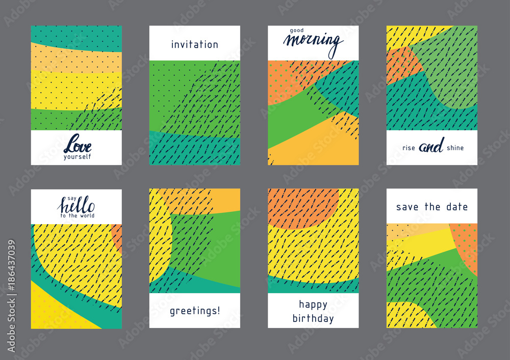 Set of creative universal geometric cards. Designs for prints, wedding, anniversary, birthday, Valentine's day, party invitations, posters, cards, etc. Vector. Isolated.