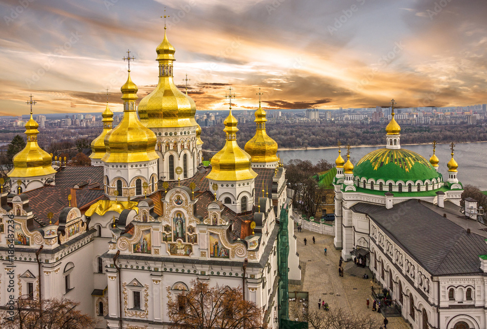 Kiev, Ukraine. Cupolas of Pechersk Lavra Monastery and river Dniepr panoramic city view