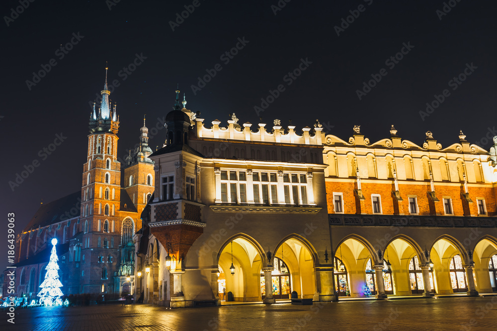 Market Square in Krakow at night, Poland