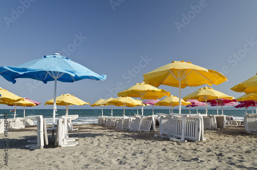 Colorful Beach Umbrellas against the blue sky